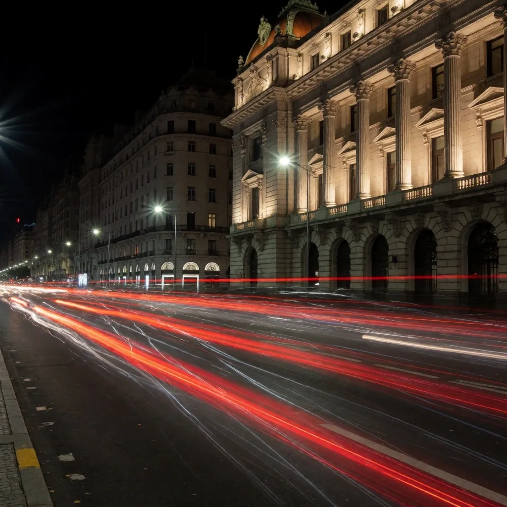 Avenida Corrientes de noche con luces de tráfico en movimiento