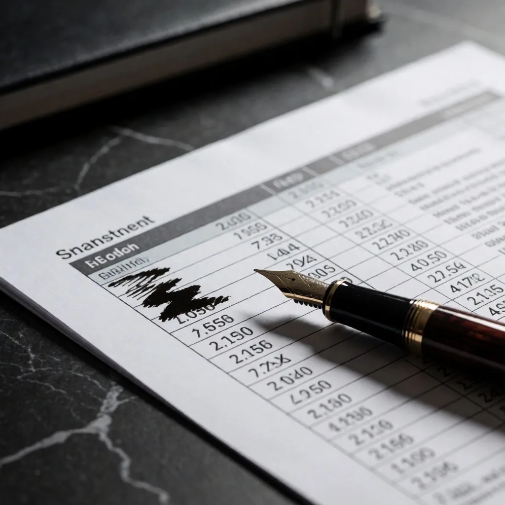 Documentos financieros y pluma estilográfica sobre escritorio