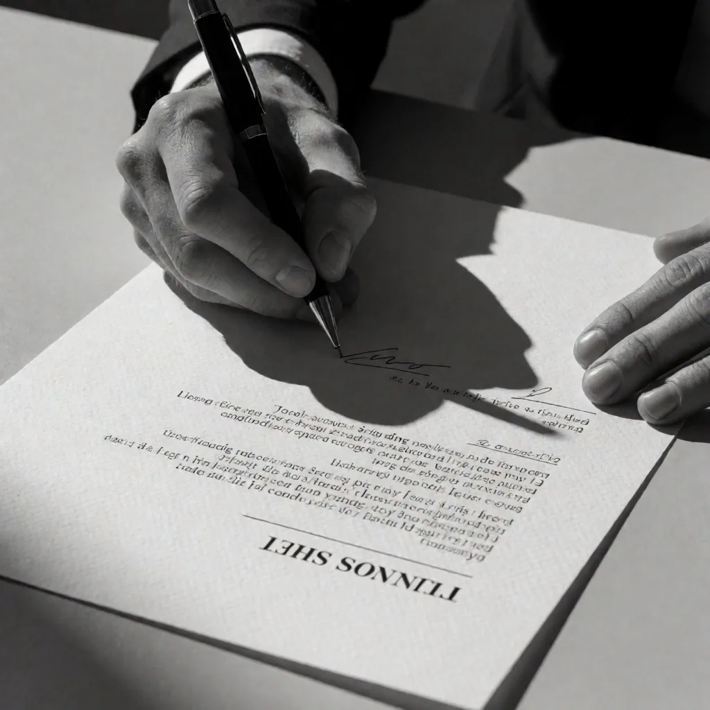 Manos sosteniendo pluma sobre documento de términos financieros