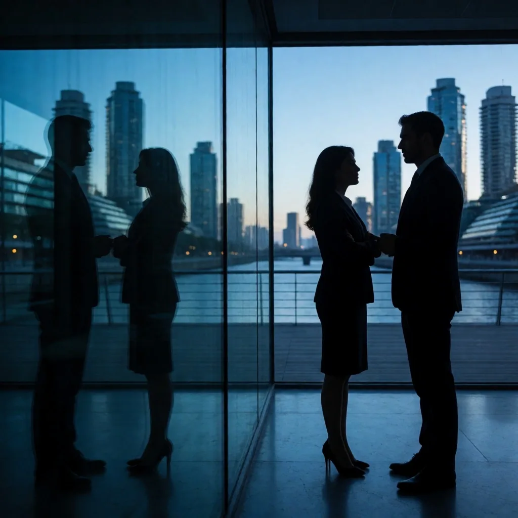 Sala de reuniones corporativa de noche con reflejos de la ciudad