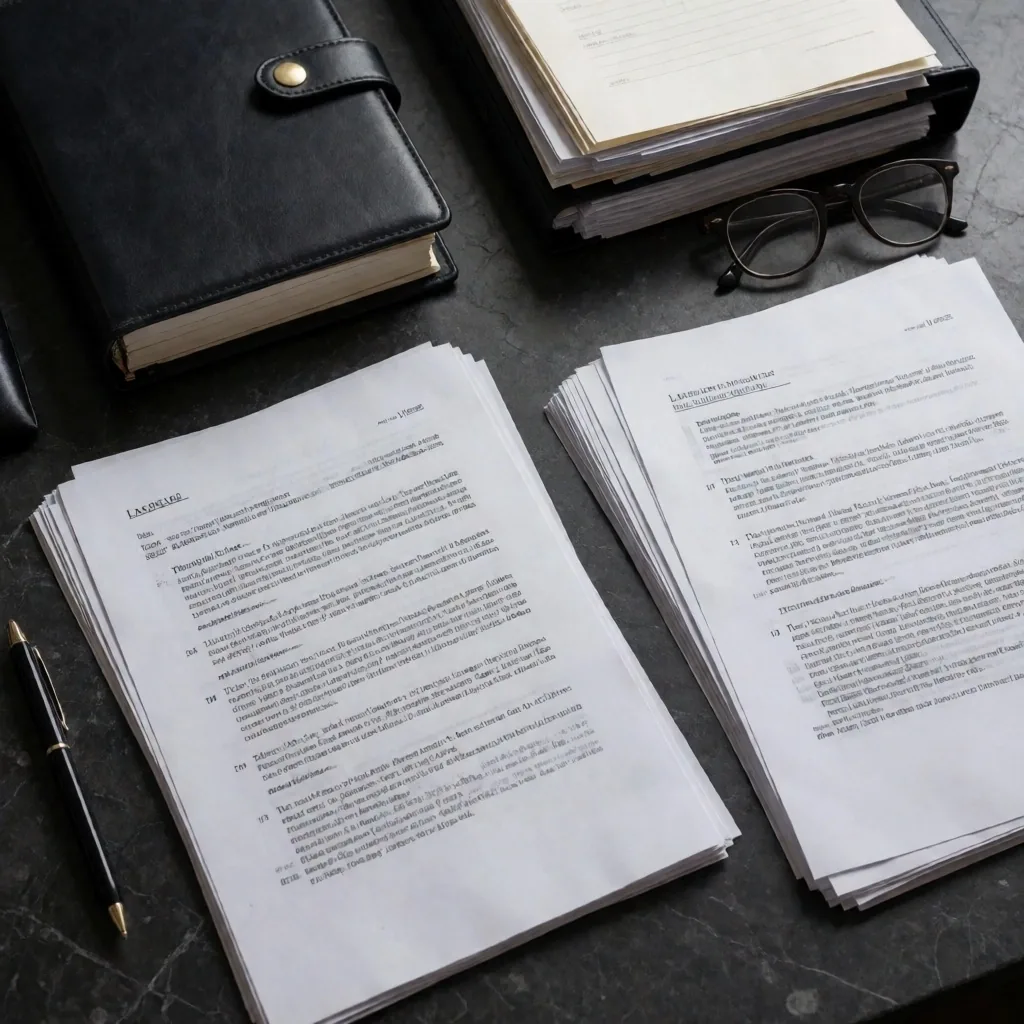 Espacio de trabajo de auditoría financiera con libros contables y contratos