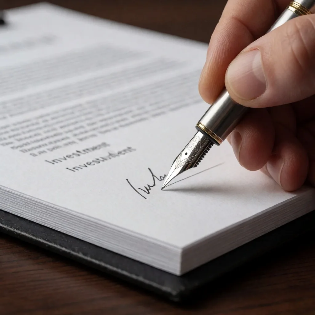 Firma de un documento de inversión con pluma estilográfica