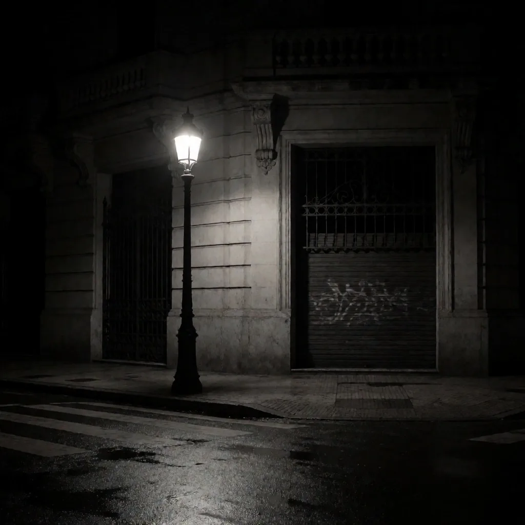 Calle de Buenos Aires de noche con poca iluminación y sombras profundas