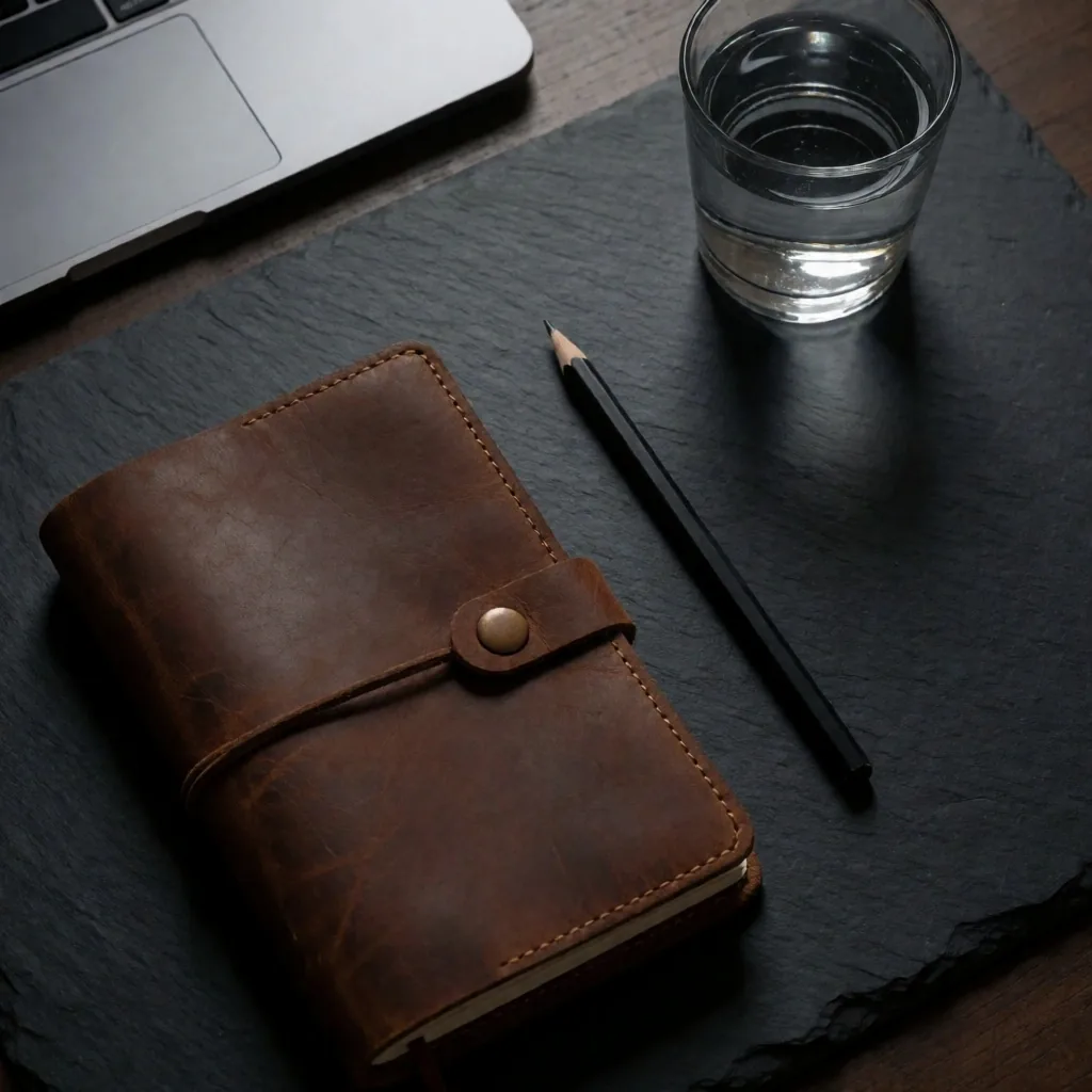 Manos escribiendo notas en un cuaderno sobre una superficie de piedra oscura