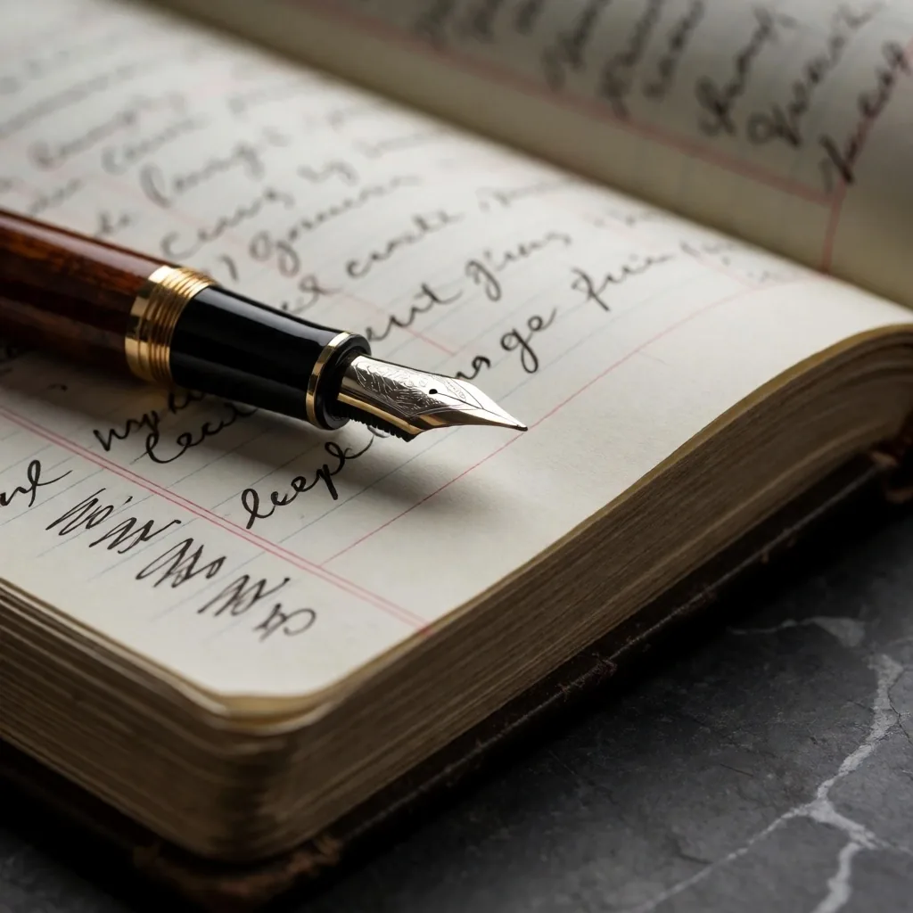 Pluma estilográfica sobre un libro contable abierto